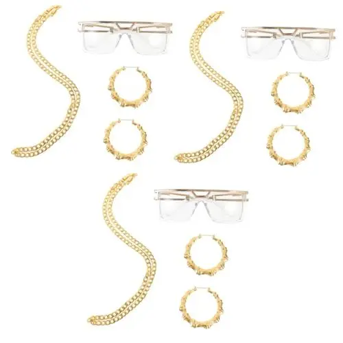 Produktbild: UPKOCH 3 Sätze Verkleiden Sie Schmuck-Requisiten Perlen Armbänder Halskette Kostüm Ohrringe sonnenbrillen sonnenrbille schnapsgläser 80er Accessoires für Frauen 80er Brille Plastik Golden