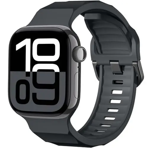 Produktbild: UpNeioco Sportarmband Kompatibel mit Apple Watch 10 Armband 46mm 45mm 44mm 49mm 42mm, Weiches Silikon Ocean Uhrband für Herren und Damen, für iWatch Ultra 2/Series 10 9 8 7 SE 6 5 4 3 2 1, Holzkohle