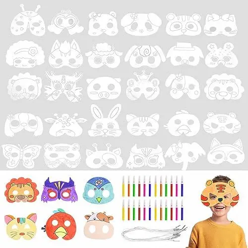 Produktbild: UptVin 32 Stück Tiermasken für Kinder, Blanko Masken zum Ausmalen Kreative Masken Kinder mit Elastische Schnur und Aquarellstifte für Halloween, Weihnachten, Bühnenaufführungen, Themenpartys