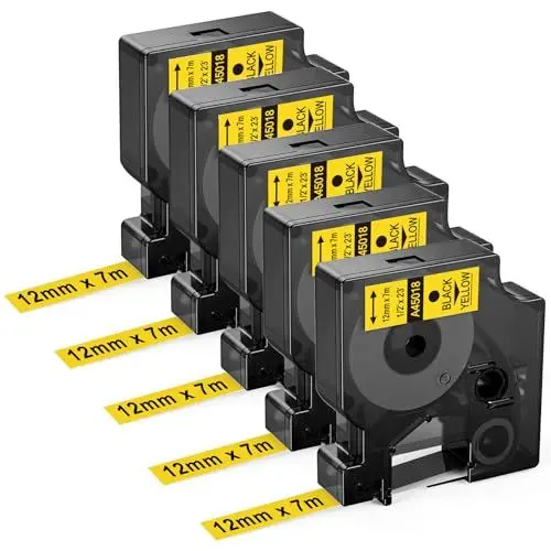 Produktbild: Upwinning 45018 12mm x 7m Kompatibel Dymo D1 Etikettenband Gelb 45018 S0720580, als Ersatz für D1 Etikettenband 12mm Schwarz auf Gelb für Dymo LabelManager 160 210D 260P 280 360D 420 LabelPoint 150