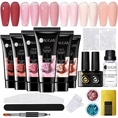 Produktbild: UR SUGAR Poly Gel Nägel Set, Nagelverlängerung Builder Gel Kit 6 Farben Polygel Farben Tube set mit Base Top Coat Slip Lösung Builder Natur Rosa Nude Pink Extension Gel Maniküre Set DIY at Home
