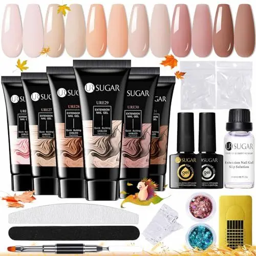 Produktbild: UR SUGAR Poly Gel Nägel Set, Nagelverlängerung Builder Kit 6 Farben Polygel Farben Tube mit Base Top Coat Slip Lösung Nude Kaffee Extension Maniküre Set DIY at Home