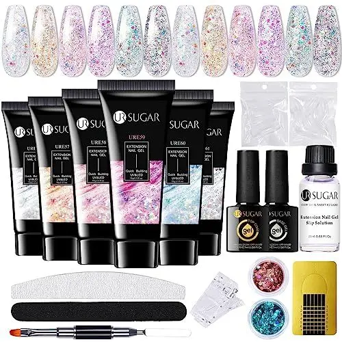 Produktbild: UR SUGAR Polygel Nägel Set, Polygel Set Farben Glitzer Nagelverlängerung Builder Gel Kit 6 Farben Extension Gel Nägel Tube Set mit Base Top Coat Slip Lösung Builder Maniküre Set DIY at Home