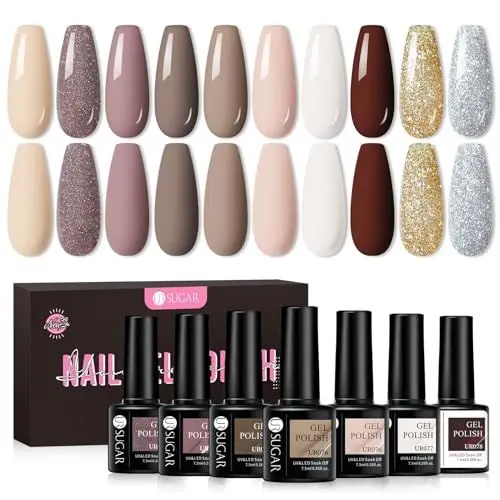 Produktbild: UR SUGAR UV Nagellack, 10 Farben Nude Braun Beige Weiß Golden Glitzer Gel Nagellack Set, Schellack Soak-Off UV Farbgel Nägel Geschenk für Anfänger Nagel Design Maniküre