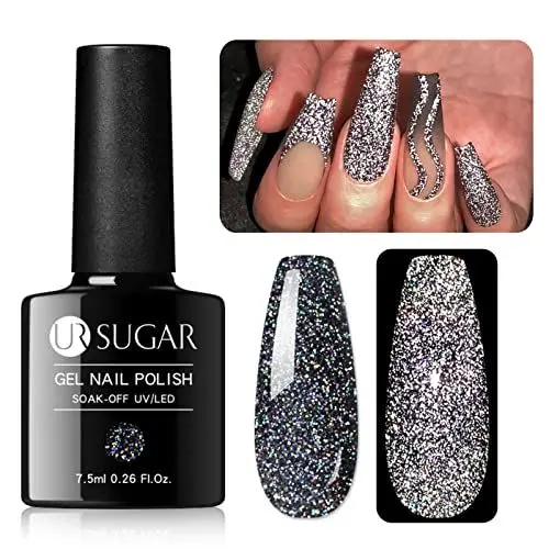 Produktbild: UR SUGAR UV Nagellack Glitzer, Gel Nagellack Glitzer Reflechissant Holographisch Shellac Nagellack Schwarz Nagelgel Shiny Reflective Glitter Gel Nail Polish Gelnägel Farben Maniküre Geschenk 7.5ml