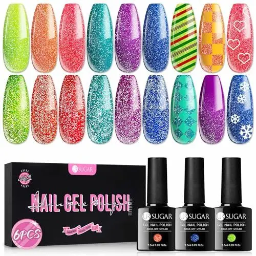 Produktbild: UR SUGAR UV Nagellack Glitzer Neon, 6 Farben Nagellack Neon Glitzer Reflechissant UV Nagelgel Set Funkelnd Gelnägel Farben Farbwechsel Gel Nägel Selber Set Maniküre Geschenkset