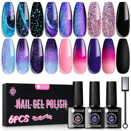 Produktbild: UR SUGAR UV Nagellack Magnetisch Thermo, Gel Nagellack Glitzer Farbgel Chamäleon Schwarz Gelnägel Farben 9D Magnetische Cat Eye Gel Schellack Set 6 Flaschen in 1 Maniküre Geschenkset