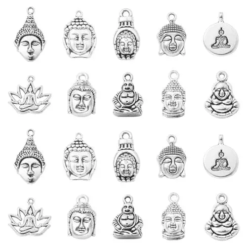 Produktbild: UR URLIFEHALL 100 Pcs 10 Stile Buddha Statue Charms Antike Silber Lotus Hamsa Hand Buddha Charms für Schmuck Herstellung DIY Handwerk