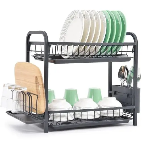 Produktbild: Urackify 2-Stöckig Geschirrabtropfgestell mit Tropfschalen Besteckhalter Becherhalter, Schneidebretthalter & Abtropfbrett, Großes Geschirrabtropfkorb für Küchenarbeitsplatte