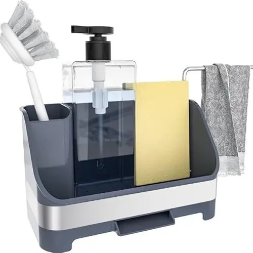 Produktbild: Urackify Sink Caddy Set, Spülbecken-Organizer mit Seifenspender für die Küche, Edelstahl-Spülenaufbewahrung mit 360°-drehbarem Geschirrtuch-Trockenständer