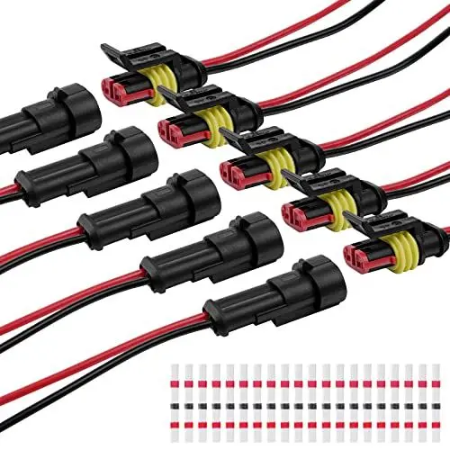 Produktbild: URAQT 2 Polig Kabel Steckverbinder Stecker, 5 Sätze Wasserdichter Stecker Kabel Steckverbinder Stecker mit Kabel 16 AWG Marine für Auto KFZ LKW Kayak Boote Roller Motorrad (mit 20pcs Lötverbinder)
