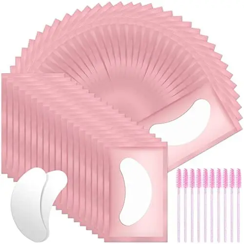 Produktbild: URAQT Augenpads für Wimpernverlängerung, 50 Paar Wimpernpads, Wimpern Extension Pads mit 10 Stück Wimpernbürste, Wimpernverlängerung Augen Pads Eye Patch für Eyelash Extensions (Rosa)