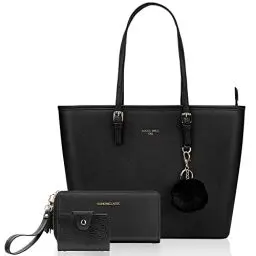 Produktbild: URAQT Damen Handtasche Schwarz, Damen Shopper Handtasche Leder Damen Tasche Groß Schule Handtasche für Büro Schule Einkauf mit Kaninchen Pelz Kugel Plüsch Schlüsselring (Mit Geldbörse