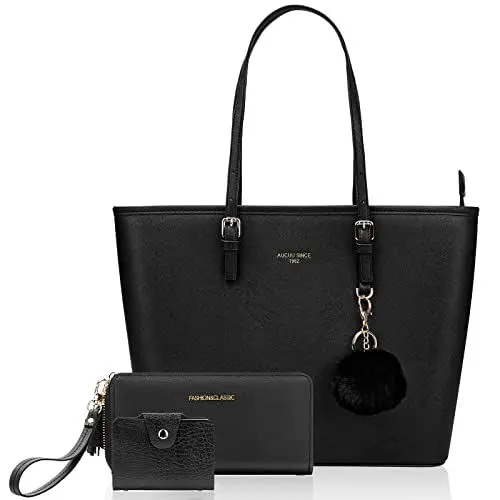 Produktbild: URAQT Damen Handtasche Schwarz, Damen Shopper Handtasche Leder Damen Tasche Groß Schule Handtasche für Büro Schule Einkauf mit Kaninchen Pelz Kugel Plüsch Schlüsselring (Mit Geldbörse