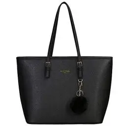 Produktbild: URAQT Damen Handtasche Schwarz, Shopper Handtasche Leder Tasche, Groß, für Büro Schule Einkauf mit Kaninchen Pelz Kugel Plüsch Schlüsselring