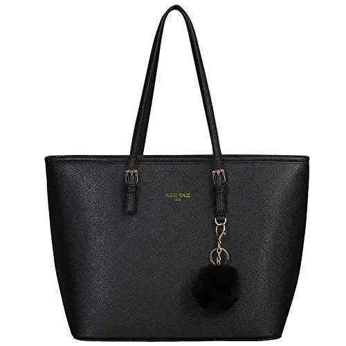 Produktbild: URAQT Damen Handtasche Schwarz, Shopper Handtasche Leder Tasche, Groß, für Büro Schule Einkauf mit Kaninchen Pelz Kugel Plüsch Schlüsselring
