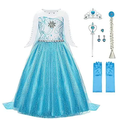 Produktbild: URAQT Mädchen Prinzessin Kostüm, Kinder Kleid 6-teiliges Set mit Krone Diadem Handschuhe Zauberstab usw für Weihnachten Verkleidung Karneval Halloween,110CM