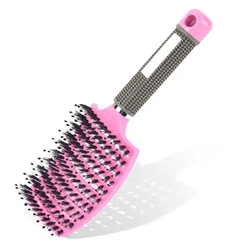 Produktbild: URAQT Haarbürste, Profi Entwirrungsbürste mit Griff, Haarbürste ohne Ziepen, Wildschweinborsten Haarstyling Bürste für Locken Lange Feine Dicke Lockige Haare (Rosa)
