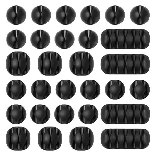 Produktbild: URAQT Kabelclips Kabelhalter, 30pcs Vielzwecke Kabelführung Kabel Organizer Set für Schreibtisch, Netzkabel, USB Ladekabel, Ladegeräte, Audiokabel (Schwarz)