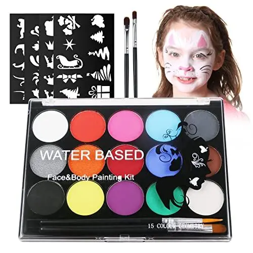 Produktbild: URAQT Kinderschminke Set, 15 Farben Schminkfarben Schminkpalette, Waschbar Face Paint Bodypaint Schminkset, Körperfarbe Kinder mit 2 Pinsel und 32 Tattoos für Halloween Karneval Make-up Fasching
