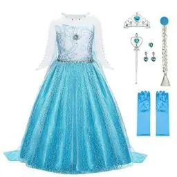 Produktbild: URAQT Mädchen Prinzessin Kostüm, Kinder Kleid 6-teiliges Set mit Krone Diadem Handschuhe Zauberstab usw für Weihnachten Verkleidung Karneval Halloween,130CM