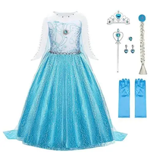 Produktbild: URAQT Mädchen Prinzessin Kostüm, Kinder Kleid 6-teiliges Set mit Krone Diadem Handschuhe Zauberstab usw für Weihnachten Verkleidung Karneval Halloween,150CM