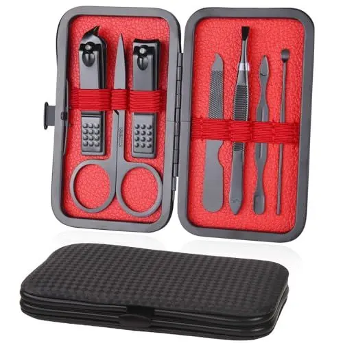 Produktbild: URAQT Maniküre Set, 7 Stücke Pediküre Nagelset Nageletui Nagel Schere Set, Nagelknipser Etui aus Edelstahl mit Ledertasche, Nagelpflege Pflege Werkzeuge für Damen & Herren (Schwarz - innen rot)