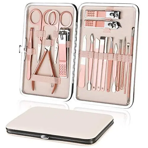 Produktbild: URAQT Nagelknipser, 18-teiliges Maniküre Pediküre Set, Damen Edelstahl Werkzeuge, Professionelle Beauty Nagelpflege Kit für Zuhause, Reisen (Roségold)