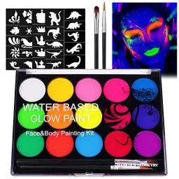 Produktbild: URAQT UV Kinderschminke Set, 15 Farben Schminkfarben Schminkpalette, Waschbar Face Paint Bodypaint Schminkset, Körperfarbe Kinder mit 2 Pinsel und 32 Tattoos für Halloween Karneval Make-up Fasching