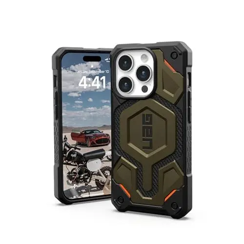 Produktbild: Urban Armor Gear Monarch Pro Schutzhülle kompatibel mit Apple iPhone 15 Pro Hülle (Wireless Charging/Magnetische Aufladung kompatibel, 5-Schichten Schutz) Kevlar grün