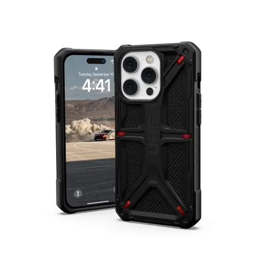Produktbild: Urban Armor Gear UAG Monarch Schutzhülle kompatibel mit Apple iPhone 14 Pro (Wireless Charging kompatibel, 5-Schichten Schutz nach Militärstandard, Erhöhter Rand) schwarz/Kevlar