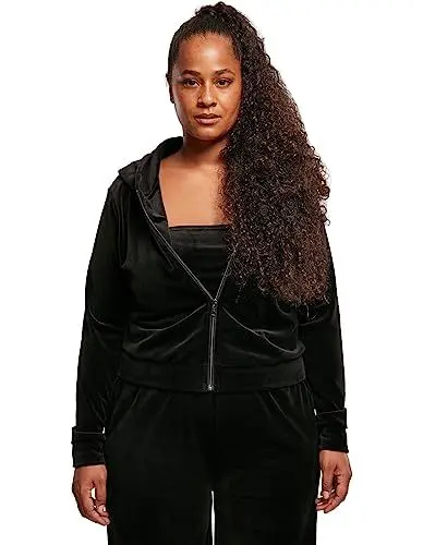 Produktbild: Urban Classics Damen Dames Short Velvet Zip Hoody Kapuzenpullover, Schwarz, S EU