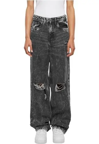 Produktbild: Urban Classics Damen TB6155-Ladies Distressed 90's Wide Leg Denim Pants Hose, Black Charcoal Washed, 34