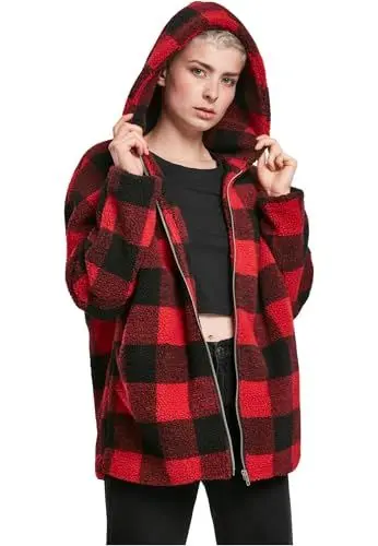 Produktbild: Urban Classics Damen TB3056-Ladies Hooded Oversized Check Sherpa Jacket Jacke, Mehrfarbig (Firered/Blk 01440), L