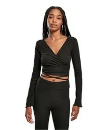 Produktbild: Urban Classics Damen Ladies Cropped Rib Wrapped Longsleeve T-Shirt, black, 4XL