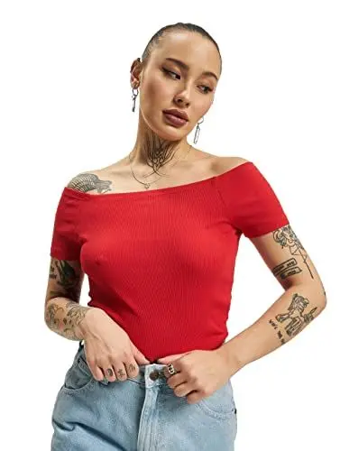 Produktbild: Urban Classics Damen Ladies Off Shoulder Rib Tee T-Shirt, Rot (Fire Red 00697), Small (Herstellergröße: S)