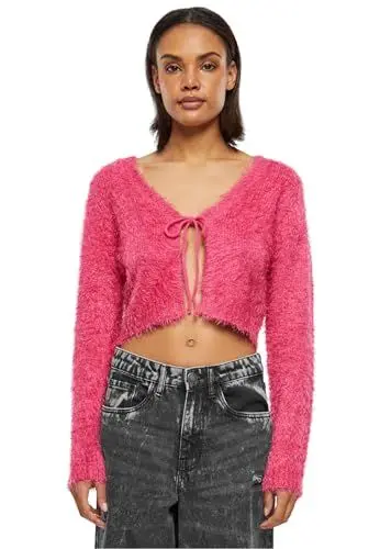 Produktbild: Urban Classics Damen Strickjacke Ladies Tied Cropped Feather Cardigan hibiskuspink XXL