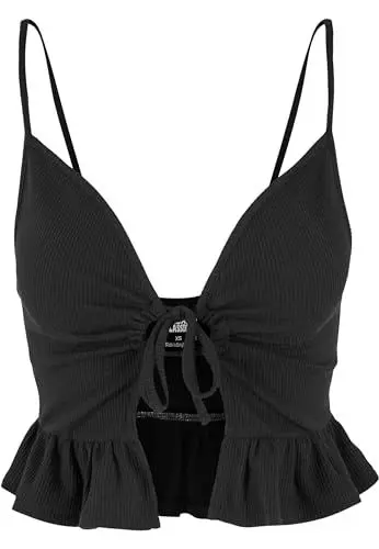 Produktbild: Urban Classics Damen TB6871-Ladies Waffle Pique Ruffle Top Unterhemd, Black, M