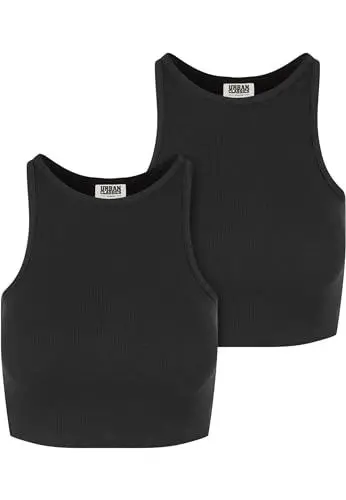 Produktbild: Urban Classics Damen Top Ladies Organic Cropped Rib Top 2-Pack, 2er Pack bauchfreies Frauen Top, Bio-Baumwolle, black/black, XXL
