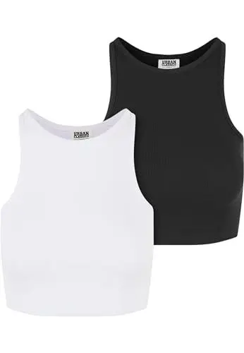 Produktbild: Urban Classics Damen Top Ladies Organic Cropped Rib Top 2-Pack, 2er Pack bauchfreies Frauen Top, Bio-Baumwolle, white+black, 4XL