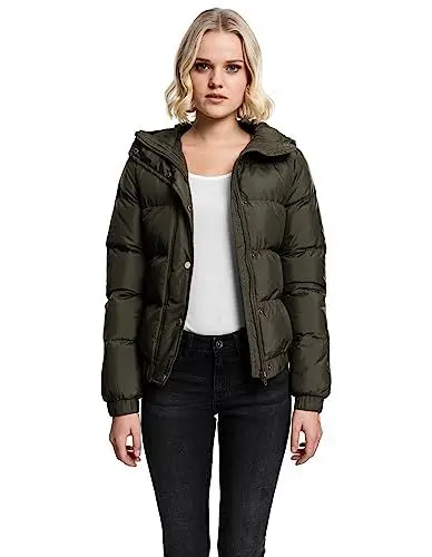 Produktbild: Urban Classics Damen Winterjacke Ladies Hooded Puffer Jacket, gefütterte Jacke für Herbst und Winter mit Kapuze, Daunenjacke - Farbe darkolive, Größe XL