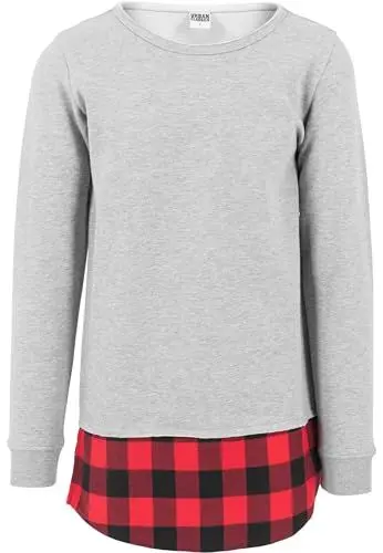 Produktbild: Urban Classics Herren Long Flanell Bottom Open Edge Crewneck Sweatshirt, Mehrfarbig (Gry/blk/red 736), X-Large