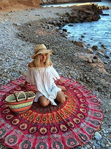 Produktbild: UrbanCharm Tischdecke, Standtuch, Motiv: indisch, roter Pfau, Mandala, runder Wandteppich