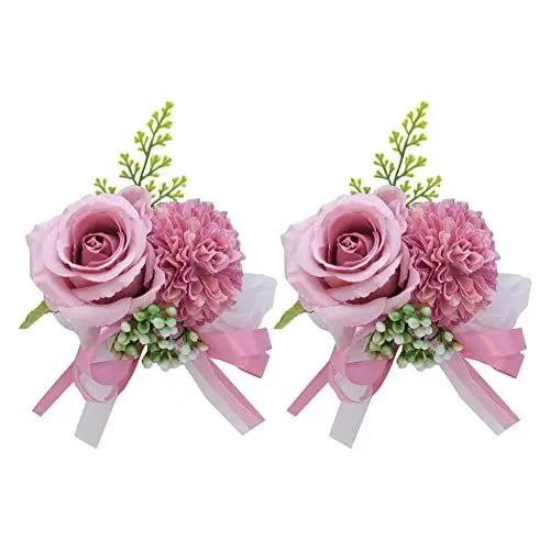Produktbild: URFEDA 2 Stück Ansteckblume Handgelenkblume Lila Rose Hochzeit Boutonniere Künstliche Ansteckblume Braut Brautjungfer Handgelenk Blume Blumenarmband für Hochzeiten, Bankette, Jubiläumsdaten
