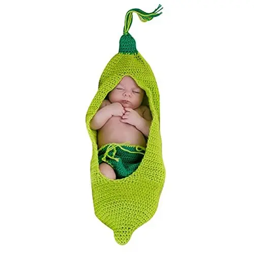 Produktbild: URFEDA Baby Fotokleidung Erbse Set Neugeboren Fotografie Requisiten Stricken Kostüm Niedlich Handarbeit Häkelarbeit Baby Foto Prop Zubehör für 0-3 Monate Baby Verkleidung Party Fotografie Accessoires