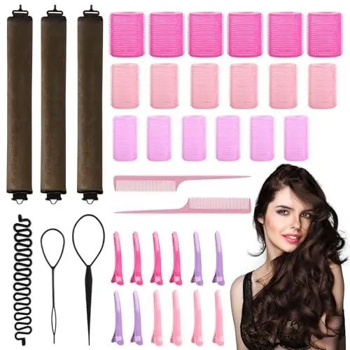Produktbild: URHRHU 38 X Lockenwickler Haftwickler Selbsthaftend mit Entenschnabel Schneiden Clips Lockenwickler Haftwickler Lockenwickler 3 Größen für den heatless blowout Look über Nacht,braun
