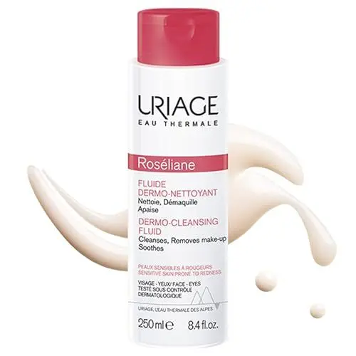 Produktbild: Uriage Roseliane Reinigendes Fluid gegen Rötungen mit CALENDULA, ROSE & APRICOT KERNEL OIL - Reinigt und lindert Rötungen - Frisches, milchiges Fluid - Sicher für empfindliche Haut - 250ml
