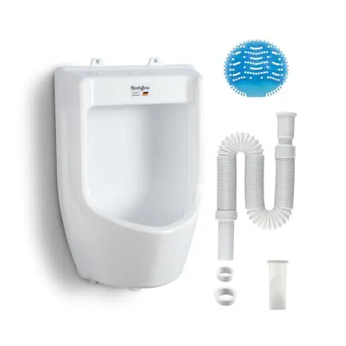 Produktbild: Urinal Kunststoff Pissoir mit Schlauch, Urinalsieb & Zubehör - Herren Männer WC Set Steh Klo Urinalbecken, Plastik Wand Pisuar für Garten Toilette Haus, Camping, Baustelle - weiß PVC