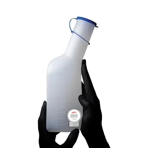 Produktbild: Urinflasche für Männer, 1000 ml, eckig, Farbe milchig mit blauem Verschluss: desinfizierbare und hitzbeständiger Urinsammelbehälter für Männer