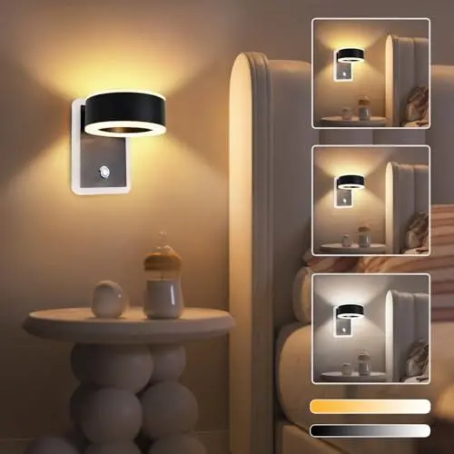 Produktbild: URing LED Wandleuchte Innen Wandlampe - Flurlampe LED Wandlicht mit Schalter Stufenloses Dimmbar 350° Drehbare Ring Touch Control 3 Farbmodi Modern Design für Wohnzimmer Schlafzimmer, Schwarz UR376